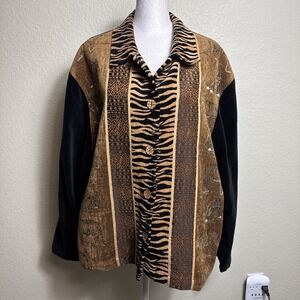 Tan Trums Women's Blazer Jacket‎ XL Tigers Velvet Pockets Button Front Safari